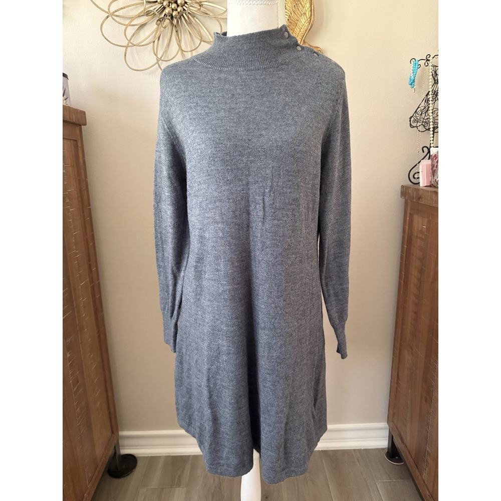 Jones New York XL Gray Merino Wool Sweater Dress Mock Neck Button Shoulder